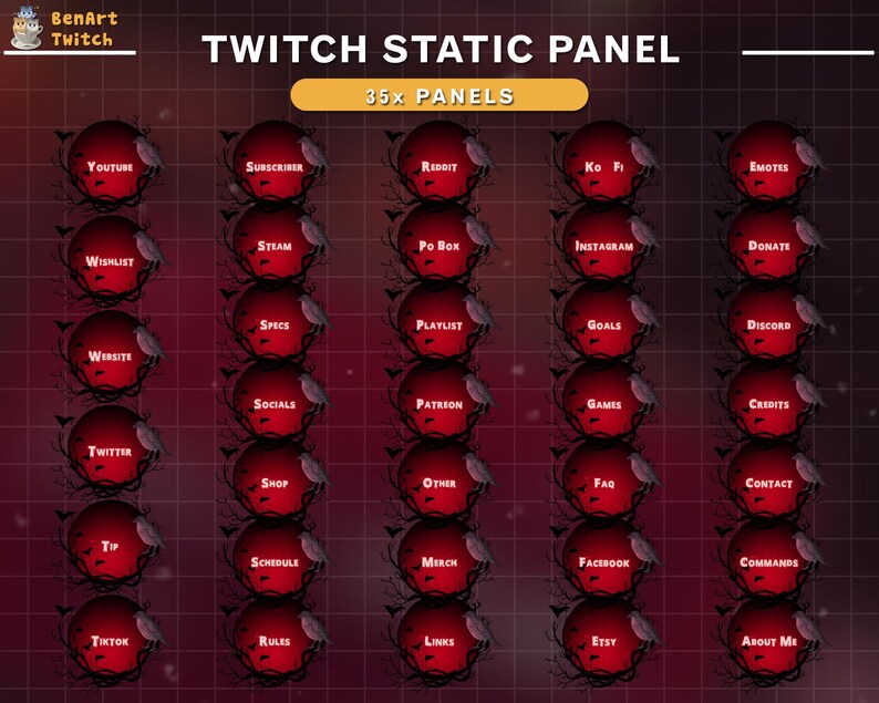 May include: A graphic design template for Twitch streamers featuring 35 customizable panels with a dark red background and black vines. The panels include options for YouTube, Subscriber, Reddit, Ko Fi, Emotes, Wishlist, Steam, Po Box, Instagram, Donate, Website, Socials, Patreon, Games, Credits, Twitter, Shop, Other, FAQ, Contact, Tip, Schedule, Merch, Facebook, Commands, TikTok, Rules, Links, Etsy, and About Me.