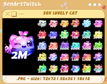 30x Cute Kitten Twitch Sub Bit Badges, Cats Sub Badges, Complete Twitch Bit Badges Set, Twitch Subscribe Package, Number Bit Badges