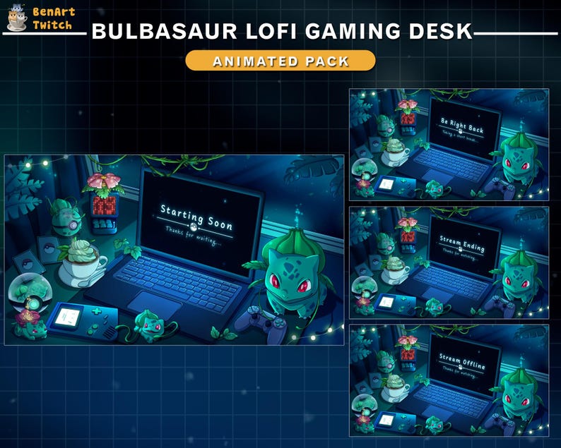 Bulbasaur animerat Twitch-överläggspaket, mysigt Lofi-spelskrivbordsströmpaket, söt Pokémon-Twitch-layout för streamers bild 3