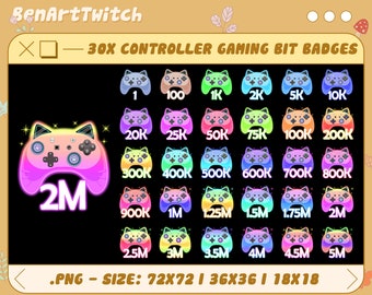 30x Controller Gaming Twitch Sub Bit Badges, Cute Cat Controller Sub Badges, Complete Twitch Bit Badges Set For Twitch, Discord
