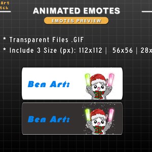 Puede incluir: Vista previa de emotes animados con el texto "ANIMATED EMOTES" y "EMOTES PREVIEW". La imagen incluye un gato de dibujos animados con un gorro de Pap&aacute; Noel y sosteniendo sables de luz. Tambi&eacute;n est&aacute; presente el texto "Ben Art".