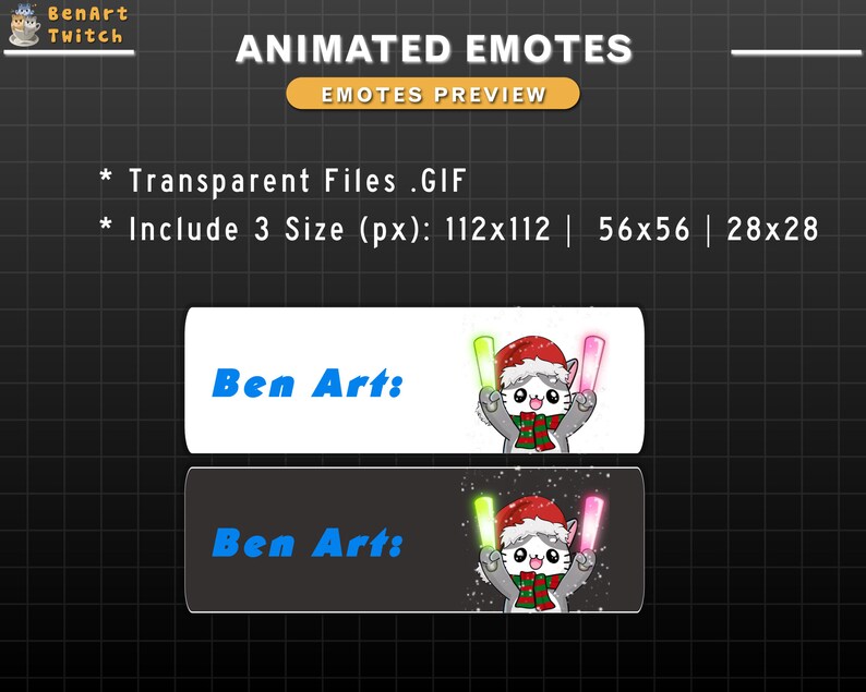Puede incluir: Vista previa de emotes animados con el texto "ANIMATED EMOTES" y "EMOTES PREVIEW". La imagen incluye un gato de dibujos animados con un gorro de Pap&aacute; Noel y sosteniendo sables de luz. Tambi&eacute;n est&aacute; presente el texto "Ben Art".