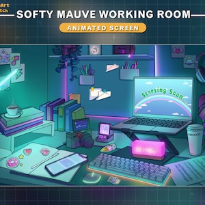 May include: A digital illustration of a purple and blue animated working room with a laptop displaying the text "Starting Soon..." and a digital clock displaying 21:460. The room features a desk with a keyboard, a mouse, a coffee cup, a camera, a stack of books, a lamp, and a potted plant.