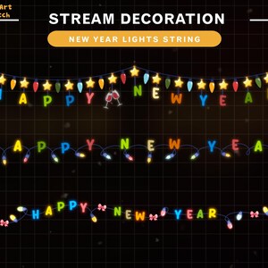 May include: Image of three strings of colorful lights spelling out "HAPPY NEW YEAR". The top string has star and teardrop-shaped lights. The middle and bottom strings have bulb-shaped lights. The background is black with a grid pattern.