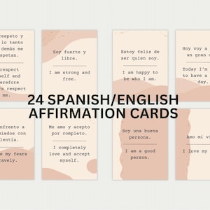 May include: A set of 24 bilingual Spanish and English affirmation cards featuring a light beige background with abstract soft pink shapes. Each rectangular card displays a positive statement in both languages, printed in a black typewriter-style font.