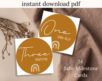 Tarjetas de hitos para bebés / Descarga imprimible DIY / Diseño cuadrado neutro Boho Rainbow