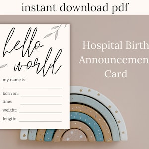 Tarjeta de anuncio de nacimiento para hospital / Hola mundo, diseño minimalista neutro / PDF imprimible