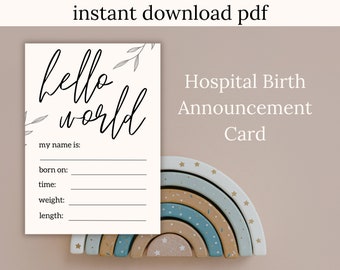 Tarjeta de anuncio de nacimiento para hospital / Hola mundo, diseño minimalista neutro / PDF imprimible