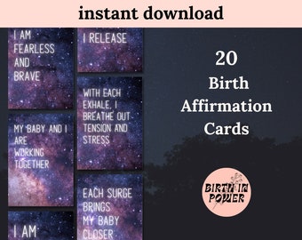 20 Tarjetas relajantes de afirmación de nacimiento del cielo nocturno A4 y A6 / Descarga instantánea / Hipnoparto / Nacimiento positivo /