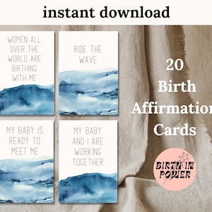 Tarjetas de afirmación de nacimiento A4 y A6 Acuarela azul relajante / Descarga instantánea / Hipnoparto / Nacimiento positivo /