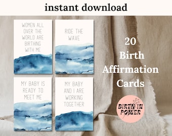 Tarjetas de afirmación de nacimiento A4 y A6 Acuarela azul relajante / Descarga instantánea / Hipnoparto / Nacimiento positivo /