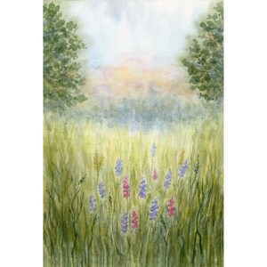 Bluebonnet Painting Forest Art Print Landscape Artwork Meadow Flowers Watercolor Painting Flower Painting Bluebonnet Wall Art by MikashArt