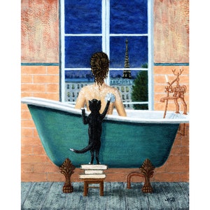 パリのエッフェル塔の黒猫の絵画アートプリント オリジナル絵画からのパリの壁アート パリの街並み フランスのアートワーク パリのアート by MikashArt