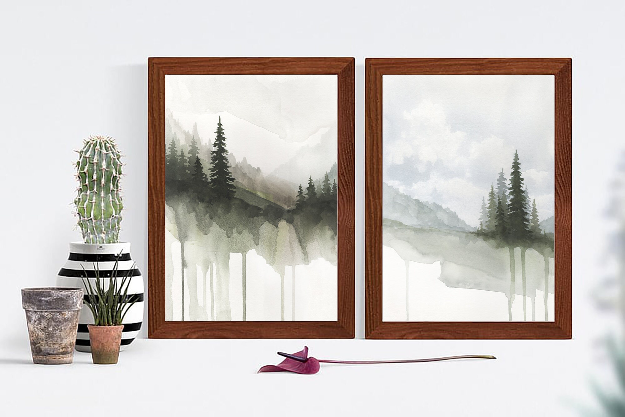 Mountain Forest Evergreen Trees Art Print Set of 2 Large Pine Trees ...