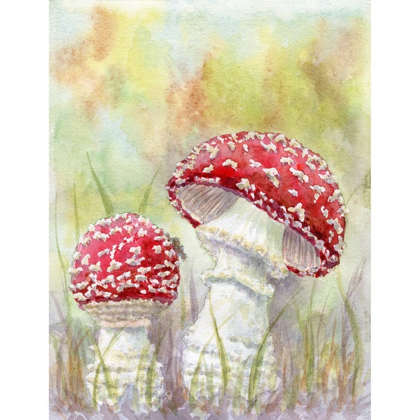 Fly Agaric Painting Amanita Muscaria Art Print from Original Watercolor Painting Mushrooms Poster Woodland Mushroom Wall Art by MikashArt