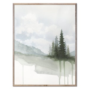 Christmas Trees Art Print Pine Trees Watercolor Painting Neutral Minimalist Landscape Abstract Watercolor Sage Green Wall Art by MikashArt