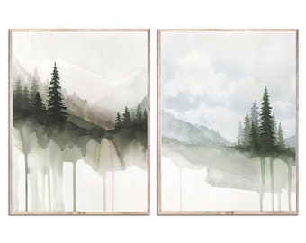 Bergwald immergrüne Bäume Kunstdruck 2er Set Große Kiefern Bäume Aquarell Malerei Salbei Grün abstraktes Aquarell Kunstwerk von MikashArt