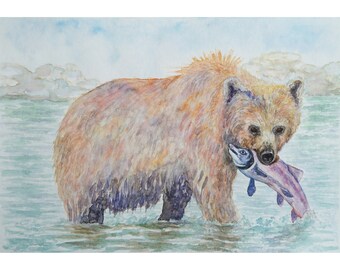 Bär mit Fisch Gemälde Kunstdruck Bär vom Original Aquarell Gemälde Bär Wand Kunst Tierdruck Waldtier Wanddekoration von MikashArt
