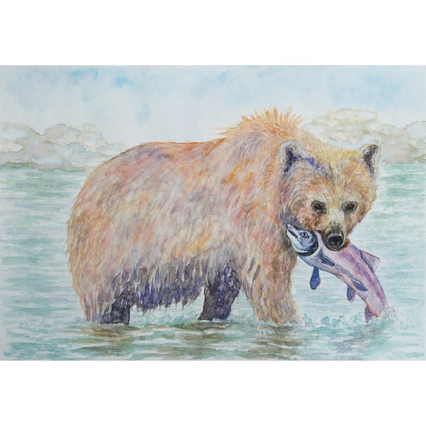 Bear with Fish Painting Bear Art Print From Original Watercolor Painting Bear Wall Art Animal Print Woodland Animal Wall Decor by MikashArt