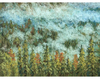 Misty Forest Foggy Mountains Painting Abstract Misty Landscape Wall Art Print Evergreen Trees Large Wall Art Blue Sage Green by MikashArt