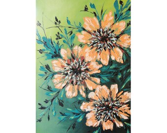 Abstrakcyjne kwiaty Malarstwo Oryginalny olejny obraz impasto na płótnie Pomarańczowe kwiatowe dzieło sztuki Malarstwo olejne Kwiatowe płótno 24x16" autorstwa MikashArt