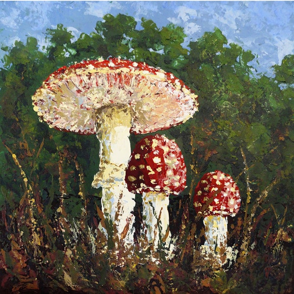 Fly Agaric Painting Amanita Muscaria Art Print from Original Acrylic Painting Mushrooms Poster Woodland Mushroom Wall Art by MikashArt