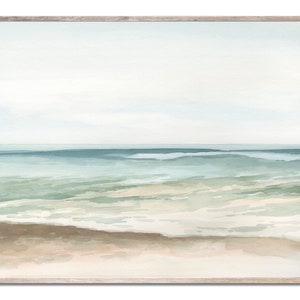 Grote kustlandschapskunst print panoramisch zeegezicht aquarel schilderij abstract minimalistisch strand muur kunst groen blauwe muur kunst door MikashArt