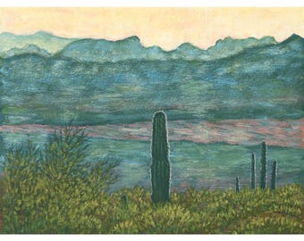 Cactus Painting Arizona Desert Sage Green Art Print From Original Oil Painting Cactus Wall Art Mountain landscape Cactus Art by MikashArt