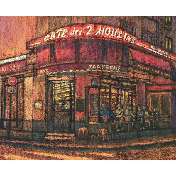 Cafe des 2 Moulins Paris Amelie Cafe Paris Print Montmartre from Original Painting French Cityscape Parisian Home Decor by MikashArt