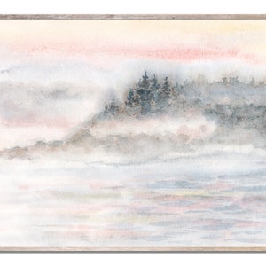 Waldsee Art Print Foggy See Aquarell Malerei nebliger Wald Landschaft Neutral Wand Kunst Nebliger Waldsee Art Print by MikashArt