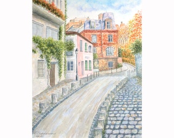 Montmartre Paris Art Print From Original Watercolor Painting Paris Wall Art French Artwork Paris France Cityscape Print by MikashArt