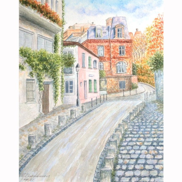 Impression d'art Montmartre Paris à partir d'une peinture à l'aquarelle originale d'art mural Paris oeuvre d'art française Paris France paysage urbain impression par MikashArt