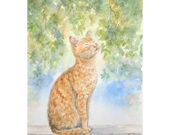 Ginger Cat Painting Tabby Cat Wall Art Animal Print From Original Watercolor Pet Portrait Orange Cat Art Animal Wall Art by MikashArt