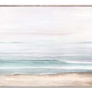 Neutral Coastal Landscape Art Print Minimalist Seascape Watercolor Painting Light Aqua Wall Art Panoramic Beach Print by MikashArt