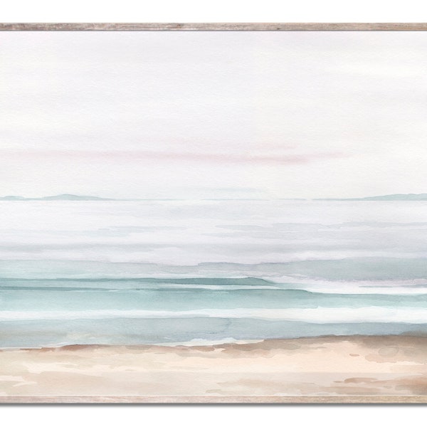 Neutral Coastal Landscape Art Print Minimalist Seascape Watercolor Painting Light Aqua Wall Art Panoramic Beach Print by MikashArt