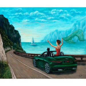 Impression d'art Côte d'Azur, impression d'art sur la Côte d'Azur, chat noir et fille de la peinture originale de paysage marin, peinture d'art mural France par MikashArt
