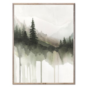 Mountain Forest Art Print Pine Trees Watercolor Painting Evergreen Trees Wall Art Sage Green Abstract Watercolor Wall Decor by MikashArt