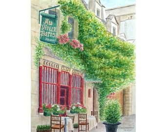 Paris Cafe Au Vieux Art Print Paris Cafe From Original Watercolor French Cityscape French Cafe Paris Wall Art France Artwork by MikashArt