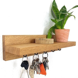 Key rack with shelf & hooks | Solid oak | Screw hooks in black, gold, silver, white | Key rack