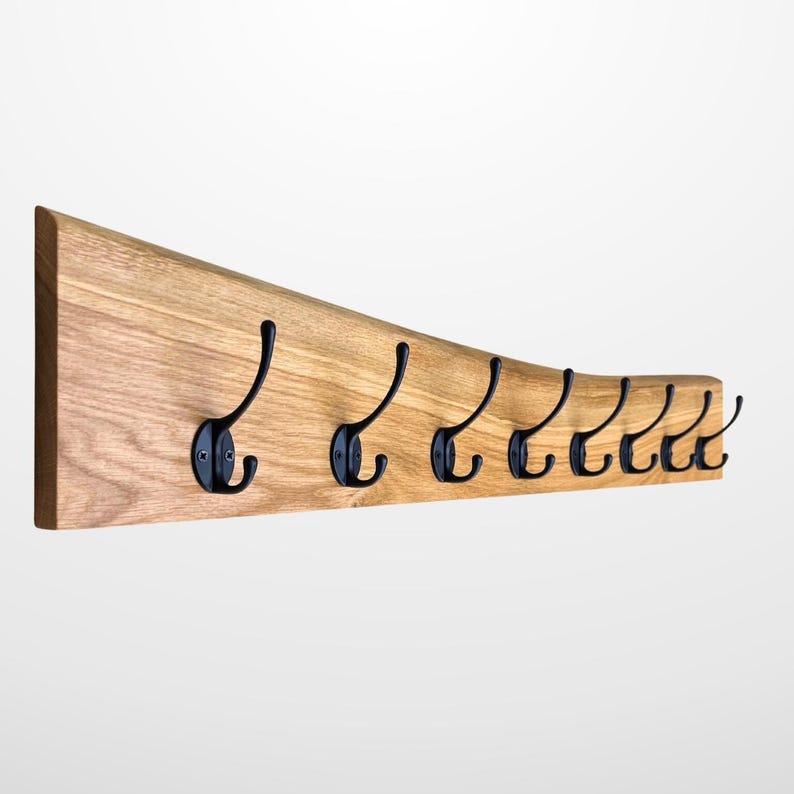 Garderobe mit natürlicher Baumkante | 30 - 120 cm | schwarze Haken | Eiche massiv | Wandgarderobe | Garderobenleiste Holz | Garderobe Eiche image 7