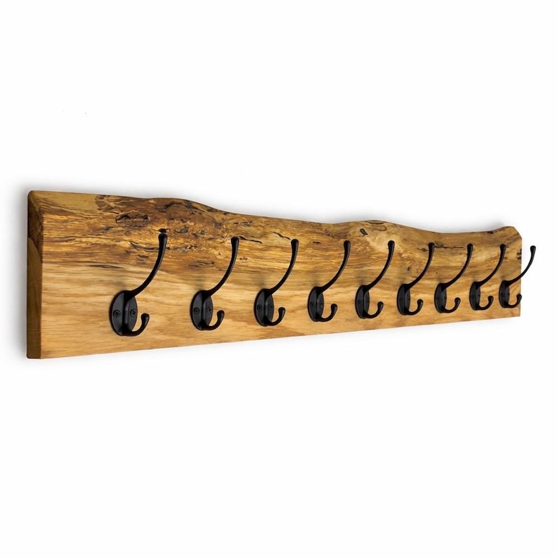 Garderobe mit natürlicher Baumkante | 30 - 120 cm | schwarze Haken | Eiche massiv | Wandgarderobe | Garderobenleiste Holz | Garderobe Eiche image 8