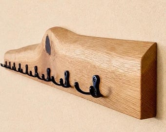 Coat rack with natural live edge | 30 - 100 cm | black hooks | solid oak | wall-mounted coat rack | wooden coat rail | oak coat rack