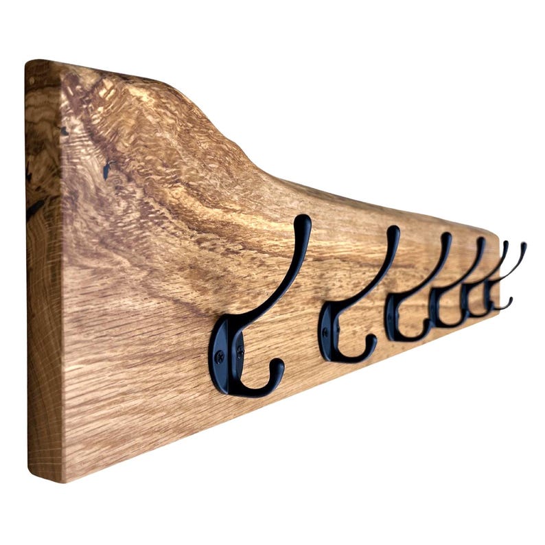 Garderobe mit natürlicher Baumkante | 30 - 120 cm | schwarze Haken | Eiche massiv | Wandgarderobe | Garderobenleiste Holz | Garderobe Eiche image 11