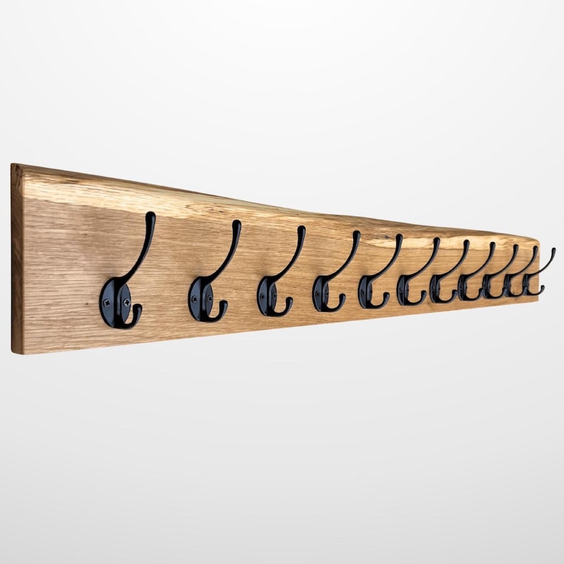 Garderobe mit natürlicher Baumkante | 30 - 120 cm | schwarze Haken | Eiche massiv | Wandgarderobe | Garderobenleiste Holz | Garderobe Eiche image 10