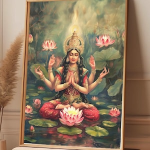 Printable art Indian wall art hindu decor Lakshmi Lotus painting Goddess Lakshmi Meditation art yoga decor RHL3 Digital Download