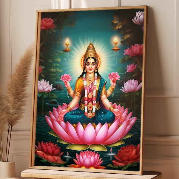 Printable art Hindu art Goddess Lakshmi Indian decor Lotus Meditation art Sri Laxmi altar photo Padma Tridevi wall art RHL1 Digital download