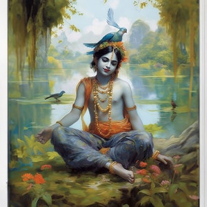 Printable art Krishna painting young Lord Krishna sitting by the water hindu gift indian wall art Digital Download image 1