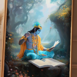 Lord Krishna painting art print Hindu bhagavad gita mahabharat meditation yoga forest decor wall art spiritual decor all sizes, RHK1 Poster