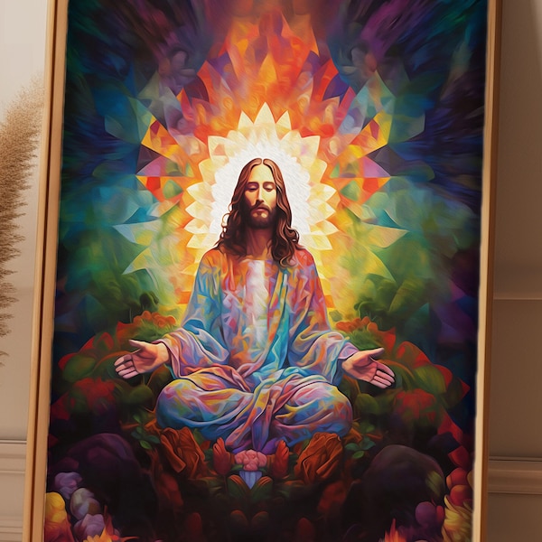 Jesus Prayer art poster print framed Psychedelic Jesus painting meditating Christ consciousness Christian teen room decor RCJ2 Poster