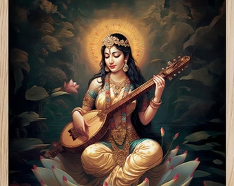 Saraswati Art Print, Hindu Goddess Painting, Spiritual Home Decor